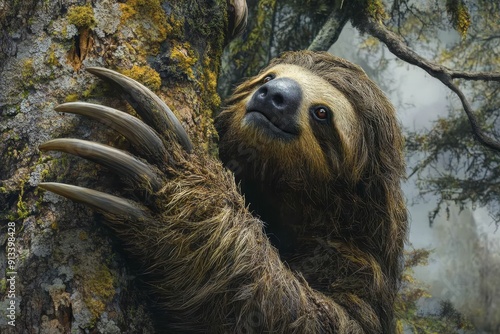 Portrait of a giant ground sloth reaching up to a tree, its massive claws visible as it forages for food. High-resolution, detailed textures, crisp focus photo