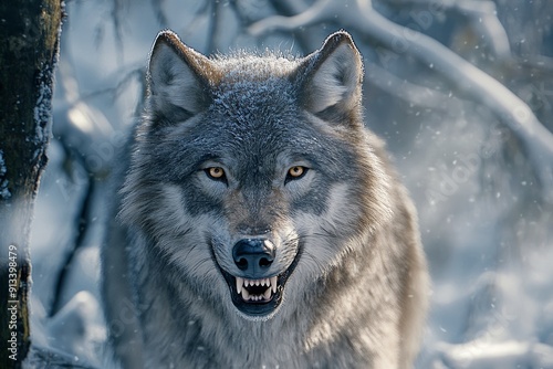 Portrait of a dire wolf standing alert in the snowy forest, with sharp teeth and focused eyes. High-resolution, detailed textures, crisp focus