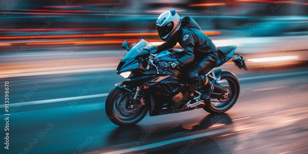 Motorcycle racer speeding past with neon lights streaking in the background Motorcycle racer speeding past with neon lights streaking in the background