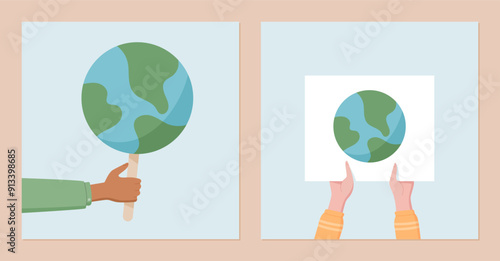 Hands hold Earth signs representing global solidarity and environmental protest. People use social media template for ecology demonstrations, showing community strength with banners and placards.