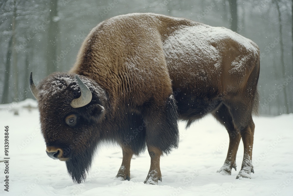Portrait of an ice age bison grazing in the snow, its thick hide and fur providing protection from the cold. High-resolution, detailed textures, crisp focus Portrait of an ice age bison grazing in the snow, its thick hide and fur providing protection from the cold. High-resolution, detailed textures, crisp focus