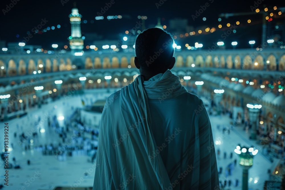 Pilgrim in Ihram Overlooking the Grand Mosque at Night Pilgrim in Ihram Overlooking the Grand Mosque at Night