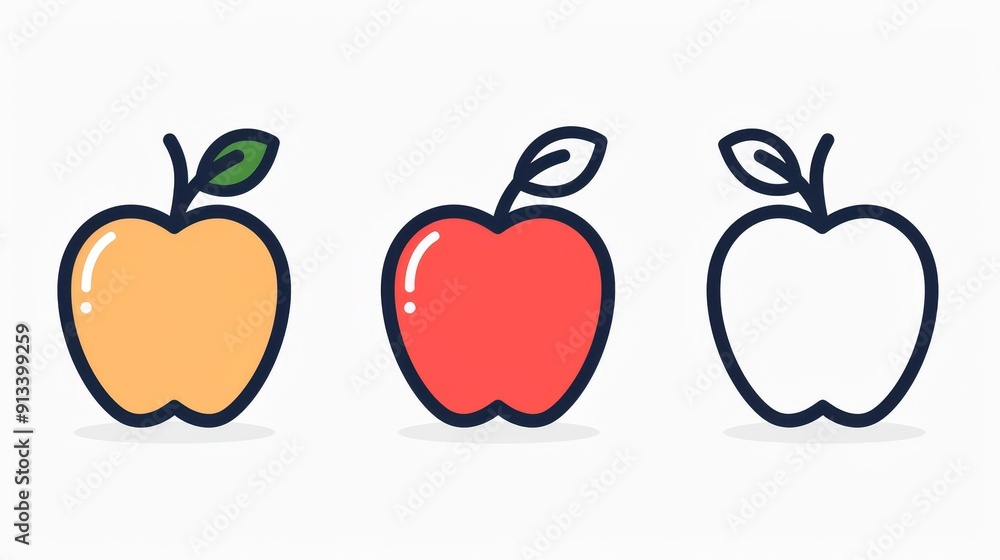 Simple apple with a stem and leaf, minimalist 2D vector, clean lines, basic colors, uncomplicated and plain design