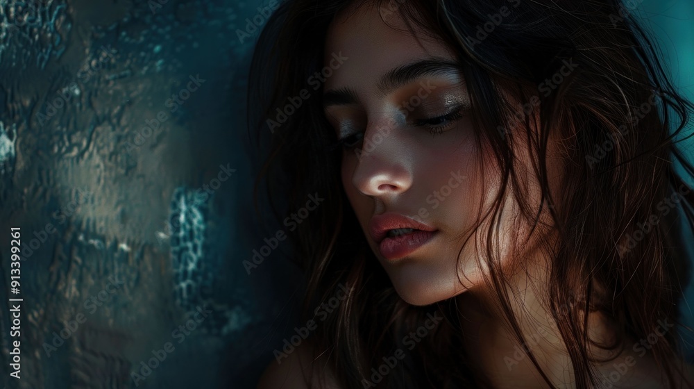 Closeup portrait of a woman with eyes closed and hair blowing in the wind, embodying relaxation and beauty Closeup portrait of a woman with eyes closed and hair blowing in the wind, embodying relaxation and beauty