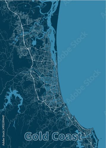 Gold Coast, Queensland, Australia artistic blueprint map poster