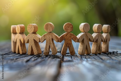 Wooden Figures Holding Hands Symbolizing Unity and Teamwork