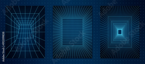 A set of three abstract 3D wireframe tunnels positioned on a dotted grid background. The geometric perspective portal shapes in a retro Y2K aesthetic combined with futuristic digital elements.
