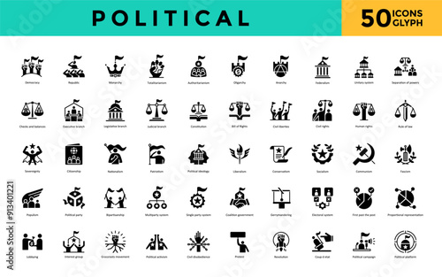 Political icon set with democracy, republic, monarchy, totalitarianism, authoritarianism, oligarchy, anarchy, federalism, unitary system, separation of powers icon. Simple glyph vector 
