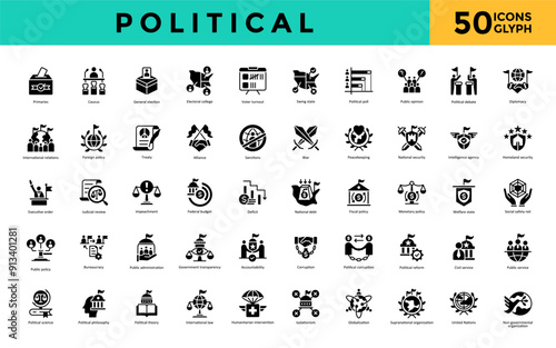 Political icon set with primaries, caucus, general election, electoral college, voter turnout, swing state, political poll, public opinion, political debate, diplomacy icon. Simple glyph vector 
