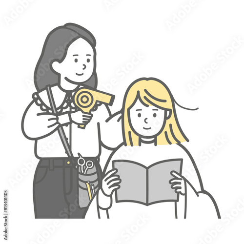 ヘアサロンで雑誌を読みながら美容師に髪を乾かしてもらう女性のイラスト