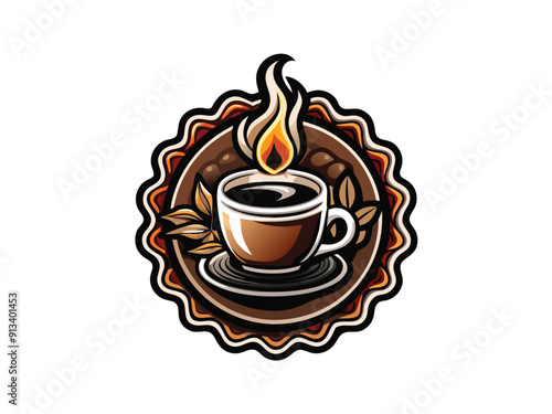 Design a vector logo featuring a steaming coffee cup inside a circular frame with coffee bean details, incorporating a flame graphic for a hot and passionate feel.