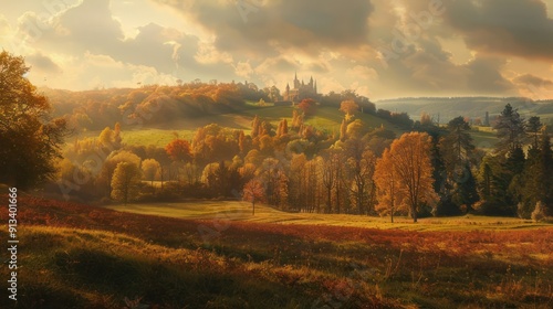 Autumnal Forest Landscape with Castle and Golden Clouds photo