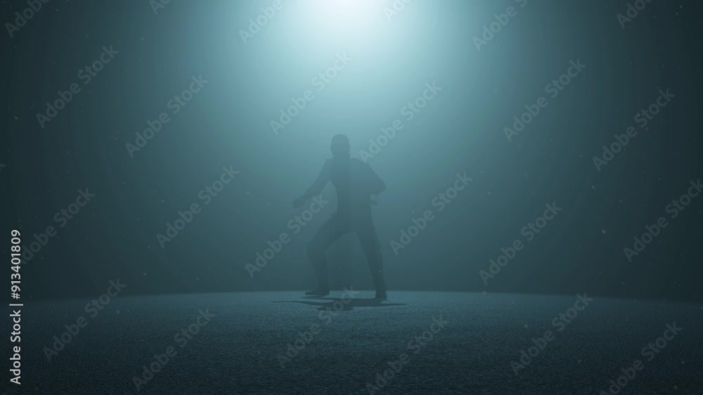 Ninja Shinobi character standing ready inside a dark space, with volumetric light behind him and dust particles floating, 3D animation, front view, camera zoom slowly Ninja Shinobi character standing ready inside a dark space, with volumetric light behind him and dust particles floating, 3D animation, front view, camera zoom slowly