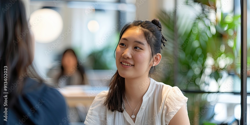 Obraz premium An image capturing an Asian young woman engaged in a friendly conversation with a coworker in a bright and open office space, with a casual yet professional vibe.