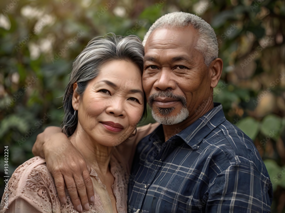 Portrait of a couple of black man from Africa and white woman from Asia, individuals of different races Portrait of a couple of black man from Africa and white woman from Asia, individuals of different races