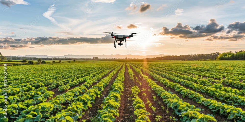 Drones and AI technology monitoring crops in a field. Drones and AI technology monitoring crops in a field.