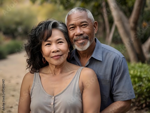 Portrait of a couple of black man from Africa and white woman from Asia, individuals of different races