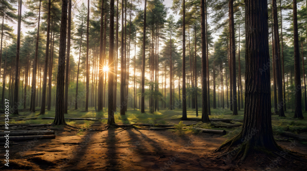 Forest with a large tree trunk and sun shining through the trees, Generative AI Forest with a large tree trunk and sun shining through the trees, Generative AI