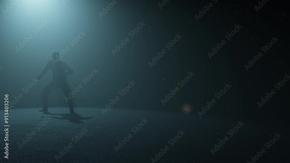 Ninja Shinobi character standing ready inside a dark space, with volumetric light behind him and dust particles floating, 3D animation, left view, camera zoom slowly Ninja Shinobi character standing ready inside a dark space, with volumetric light behind him and dust particles floating, 3D animation, left view, camera zoom slowly