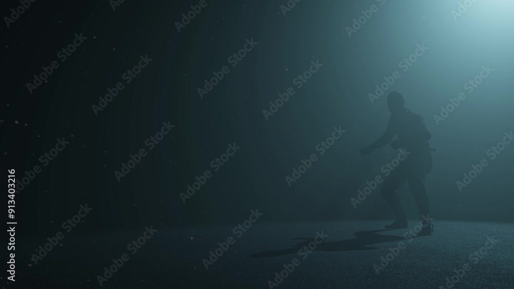 Ninja Shinobi character standing ready inside a dark space, with volumetric light behind him and dust particles floating, 3D animation, right view, camera zoom slowly