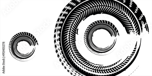 Black tire sign pattern isolated on white background with clipping path, burnt and broken tire texture for graphic design. modern.