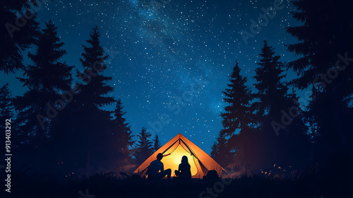 Wallpaper Mural A couple sitting by a tent under a starry night sky, surrounded by tall pine trees  Torontodigital.ca