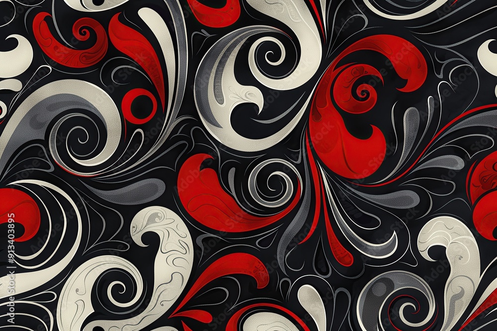 A pattern of dark grey, black and red swirls with white accents on each design A pattern of dark grey, black and red swirls with white accents on each design