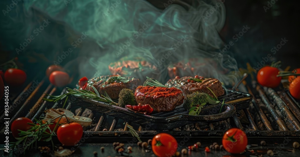 Obraz premium A delicious grilled meat dish surrounded by fresh tomatoes and herbs, creating a smoky and appetizing culinary scene.