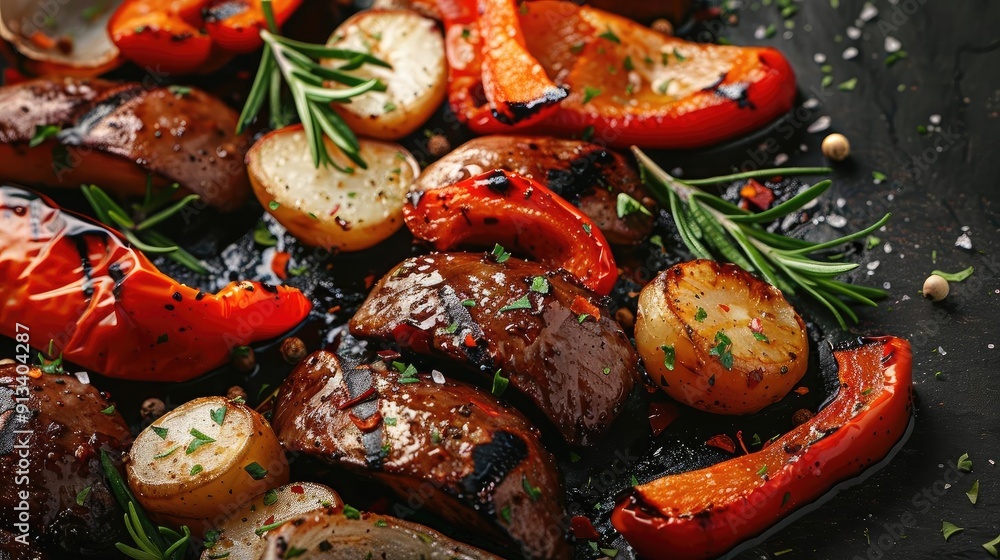 Delicious grilled vegetables and meat with herbs, showcasing rich textures and vibrant colors for a mouthwatering culinary experience. Delicious grilled vegetables and meat with herbs, showcasing rich textures and vibrant colors for a mouthwatering culinary experience.