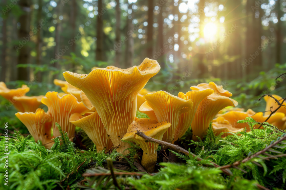 chanterelles growing in a forest glade. AI generative chanterelles growing in a forest glade. AI generative