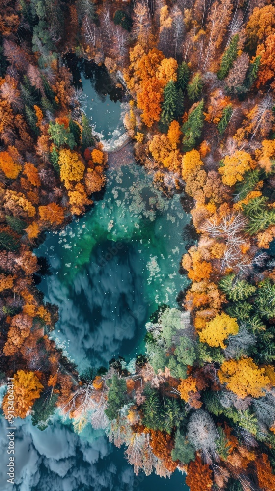 Autumn Reflections on the Lake: Aerial Shot of Vibrant Foliage Mirrored in Serene Waters Autumn Reflections on the Lake: Aerial Shot of Vibrant Foliage Mirrored in Serene Waters