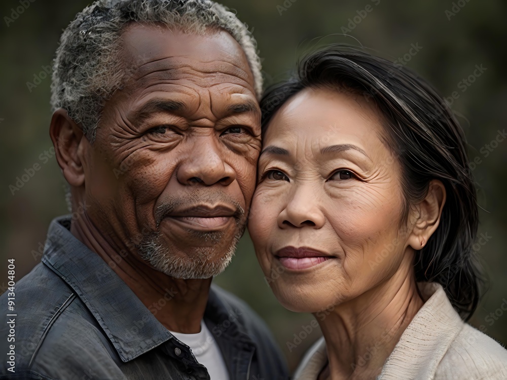 Portrait of a couple of black man from Africa and white woman from Asia, individuals of different races Portrait of a couple of black man from Africa and white woman from Asia, individuals of different races