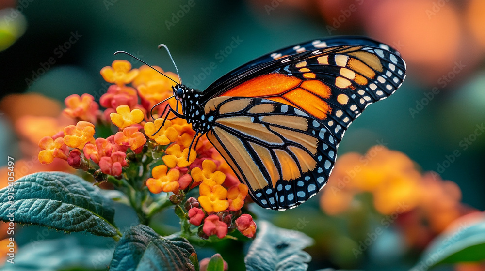 Monarch butterfly perched on a vibrant flower, showcasing its striking orange and black wings. The image symbolizes transformation, beauty, and the fragility of nature Monarch butterfly perched on a vibrant flower, showcasing its striking orange and black wings. The image symbolizes transformation, beauty, and the fragility of nature