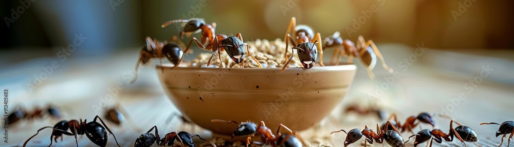 Fototapeta premium Ants around a cereal bowl on a breakfast table, emphasizing food hygiene and cleanliness