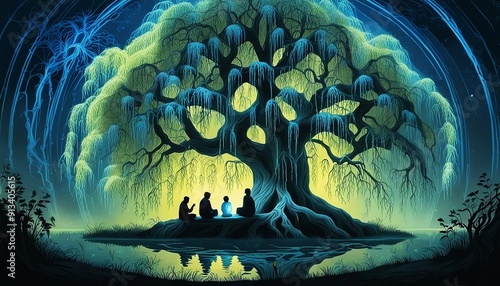 a couple sitting under a tree in the moonlight