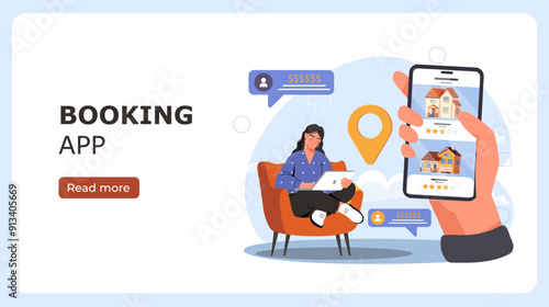 Booking application poster. Female tourist chooses hotel, books room. Active lifestyle and tourism. Vacation and holiday, travel. Landing webpage design. Flat vector illustration