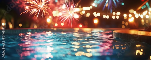 New Years Eve pool party with fireworks reflecting in the water, glamorous and vibrant, Pool party concept, No people