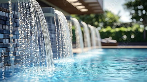 Pool with playful water features and cascading fountains, vibrant and lively, summer fun, Pool party concept, No people photo