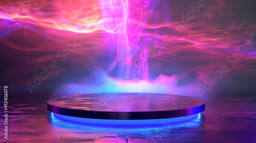 Wallpaper Mural A circular platform with a purple glowing light underneath. A purple and pink smoke-like substance hangs above. Torontodigital.ca