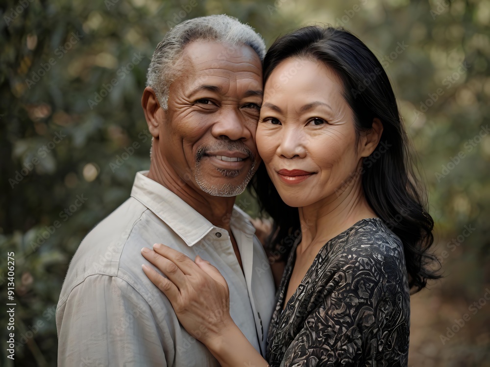 Portrait of a couple of black man from Africa and white woman from Asia, individuals of different races Portrait of a couple of black man from Africa and white woman from Asia, individuals of different races
