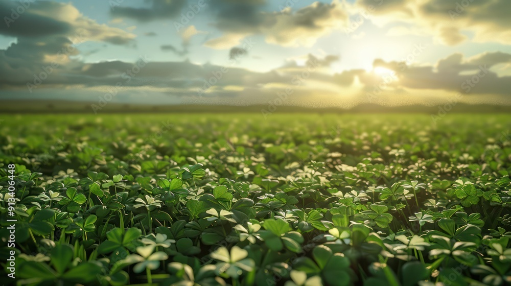 Green Clover Field with Sunset Sky in Background Green Clover Field with Sunset Sky in Background