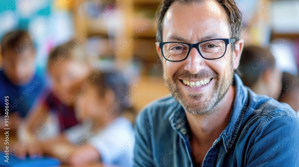 Handsome male teacher in glasses smiling and looking into camera at elementary school with children at the blurred background Handsome male teacher in glasses smiling and looking into camera at elementary school with children at the blurred background