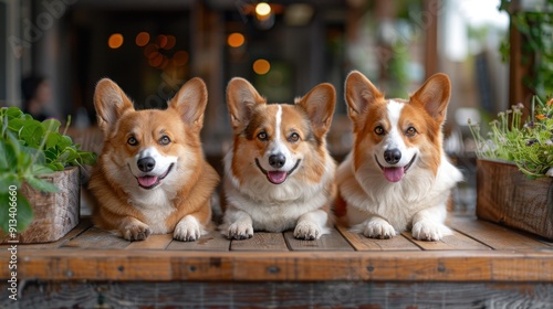 Three dogs of different breeds are sitting at home and looking at the camera. Happy pets at home