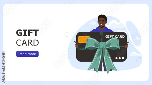 Man with gift card poster. Client with large black bonus card. Special offer for regular customers. Advertising and marketing. Landing webpage design. Flat vector illustration