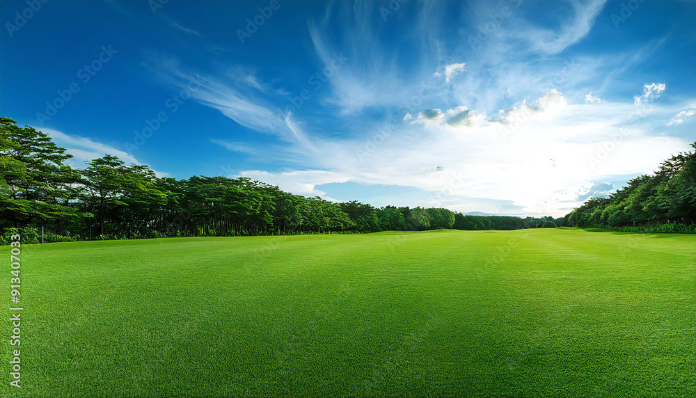 Image material of a wide lawn with a blue sky. A large green park. Image material of a wide lawn with a blue sky. A large green park.