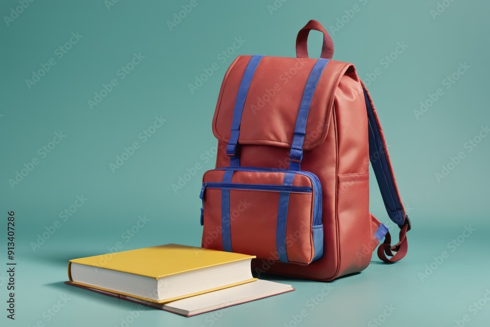 brown red school bag and supplies, books, and stationery arranged on blue background ready for learning brown red school bag and supplies, books, and stationery arranged on blue background ready for learning