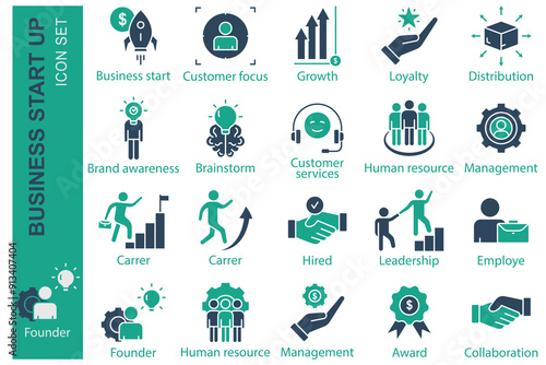 Business icon set. icon related business startup. business start, founder, employe, and more. solid icon style. business element vector illustration