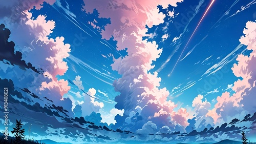 blue sky with clouds anime style background photo