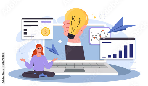 Innovation implementation concept. Woman near laptop with light bulb. Business improvement and company development. Businesswoman with business or start up project. Flat vector illustration
