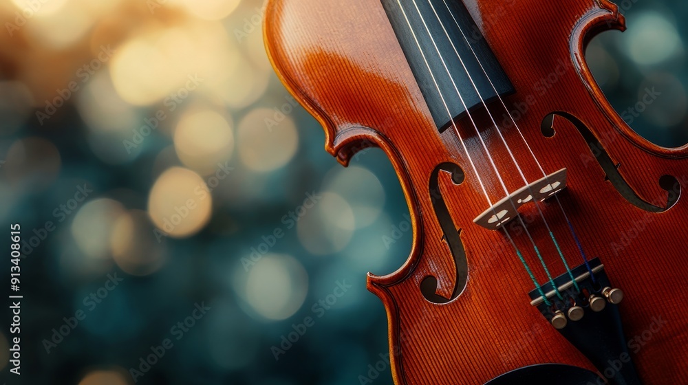 Close-Up of a Beautifully Crafted Violin, Showcasing the Fine Wood Grain and Strings with a Softly Blurred Background Highlighting the Instrument's Elegance Close-Up of a Beautifully Crafted Violin, Showcasing the Fine Wood Grain and Strings with a Softly Blurred Background Highlighting the Instrument's Elegance